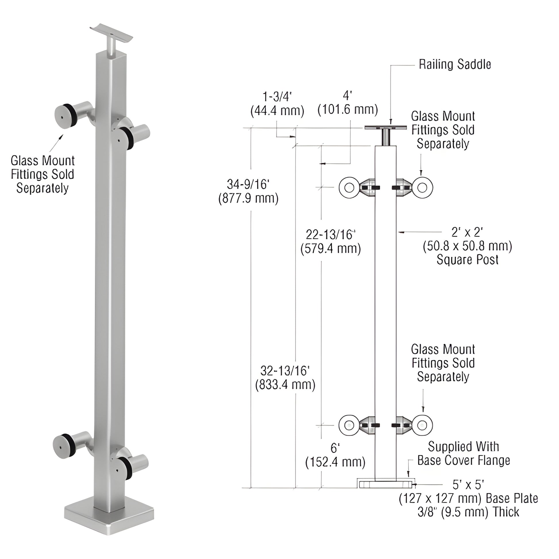 CRL P1 surface-mounted 36 in brushed 316 stainless steel square post railing kit P136CBSC