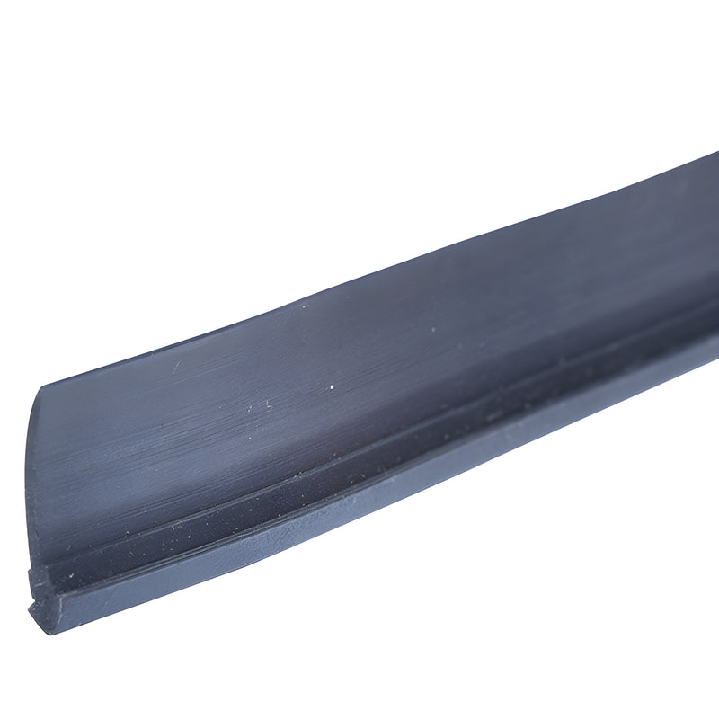 Close-up black DRXG100 rubber door rail gasket profile on white background, fits 3/8-5/8" rails