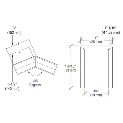 Brushed stainless steel 135 slip-fit corner connector for 1/2 in (12mm) or 5/8 in (16mm) glass railing, SKU GRLC10H3BS