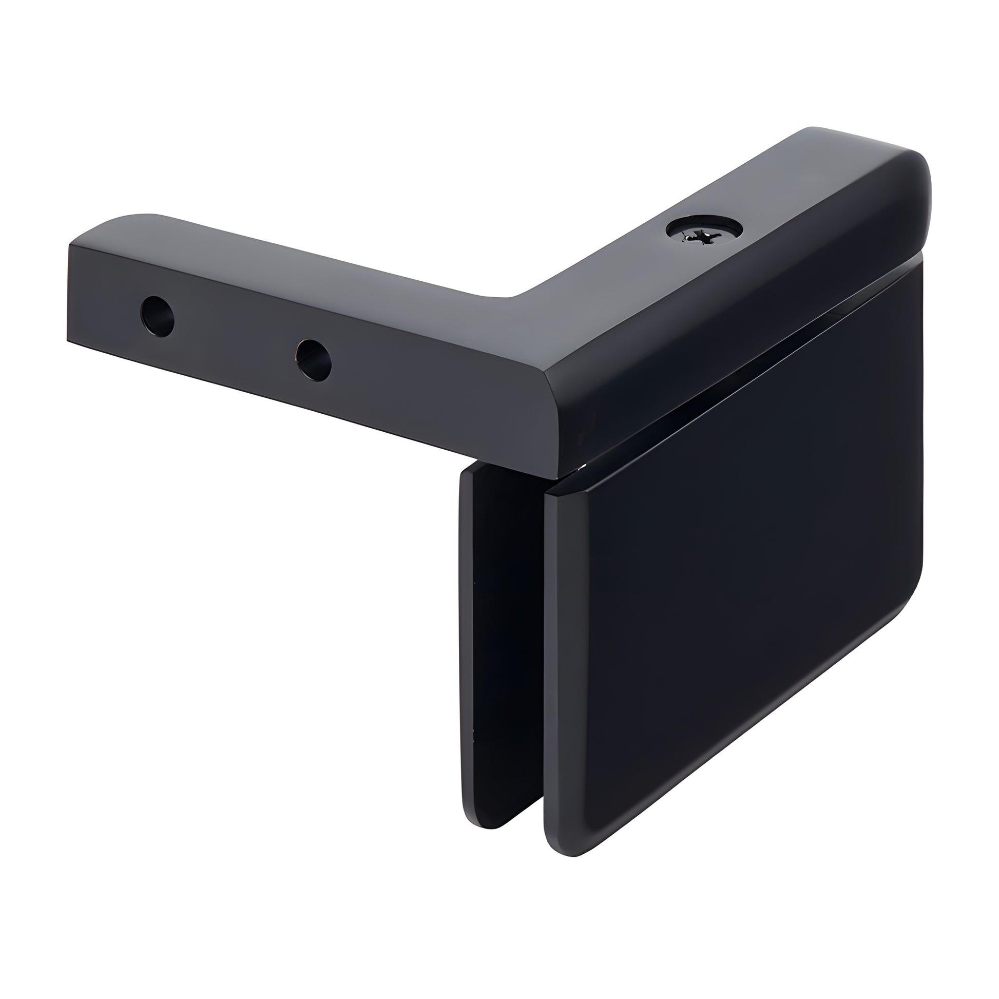 Matte black beveled brass pivot hinge for frameless shower glass, left-hand wall mount (SKU PPH05LMBL)