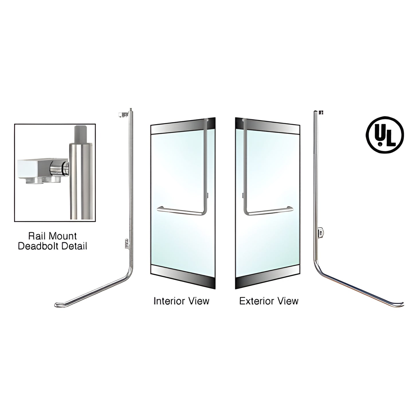 DB100D3RKBS brushed stainless steel rail-mount deadbolt access handle for 1/2" glass doors, interior/exterior