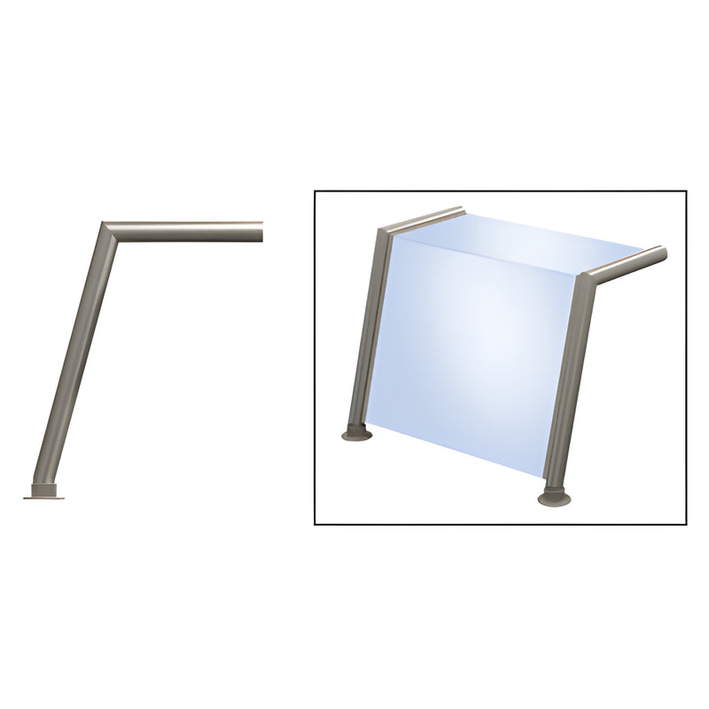 SG5151BS brushed stainless steel angled sneeze guard supports with blue glass panel, top-and-front config.
