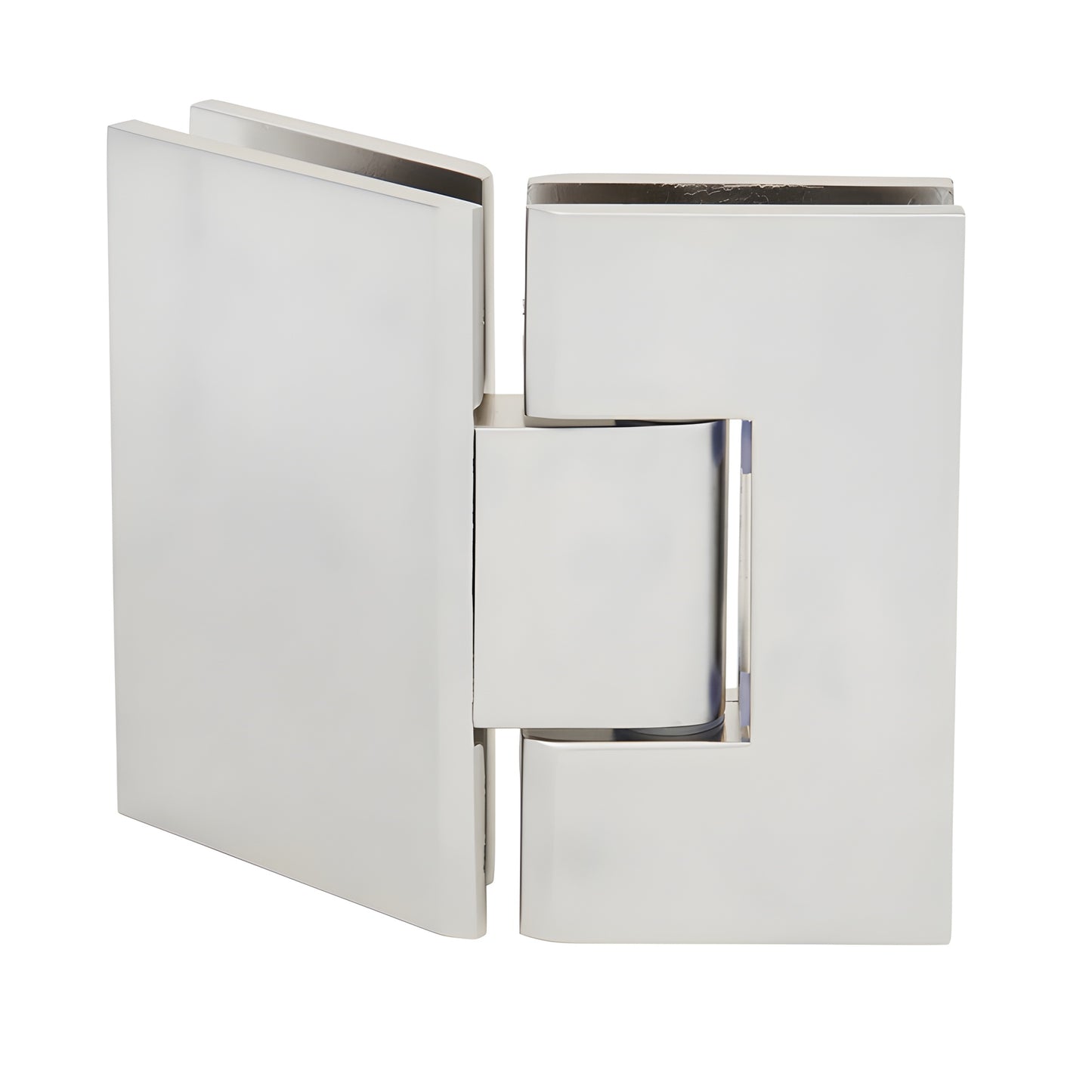 Satin nickel Vienna V1E045SN solid-brass 135 glass-to-glass frameless shower hinge, squared design.