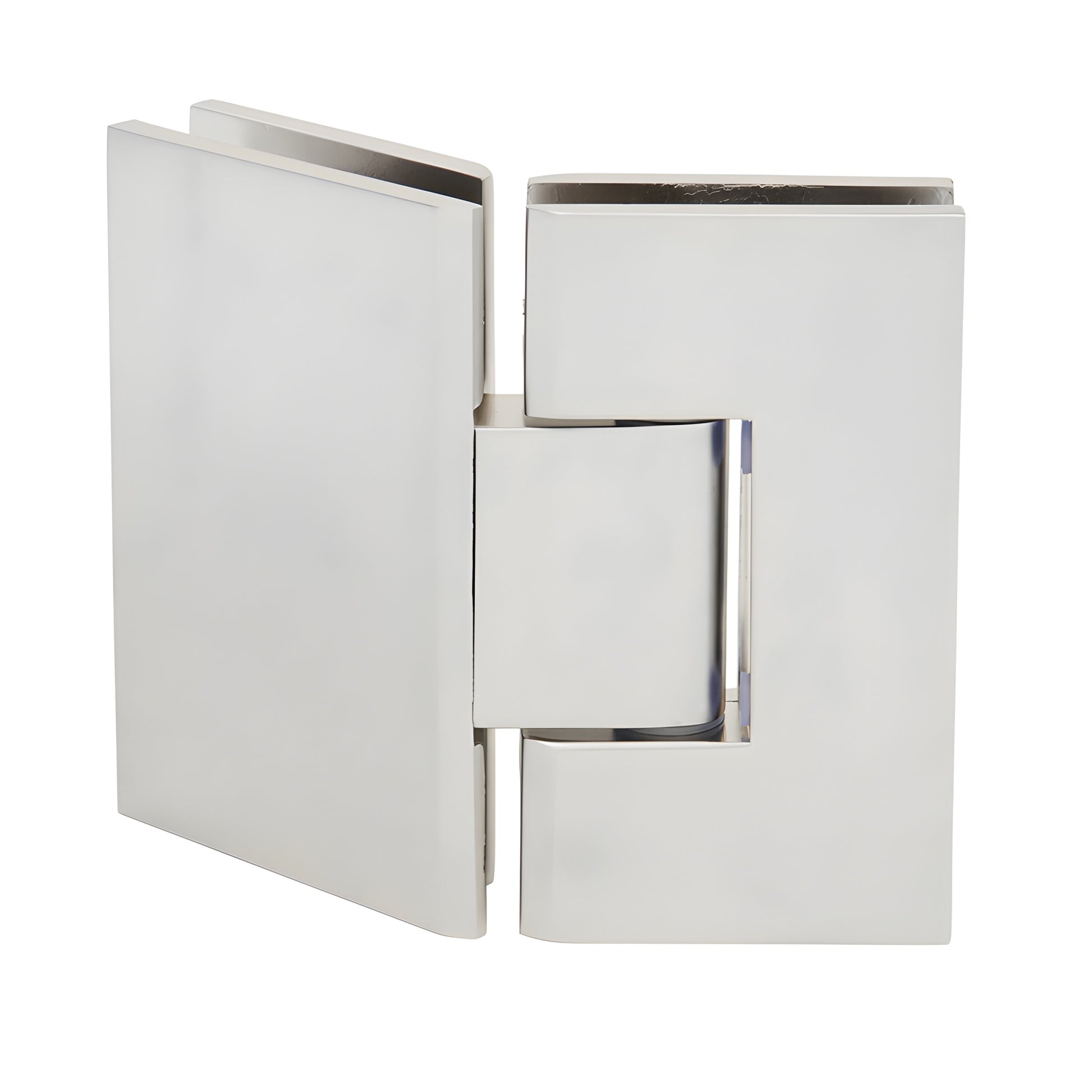 Satin nickel Vienna V1E045SN solid-brass 135 glass-to-glass frameless shower hinge, squared design.