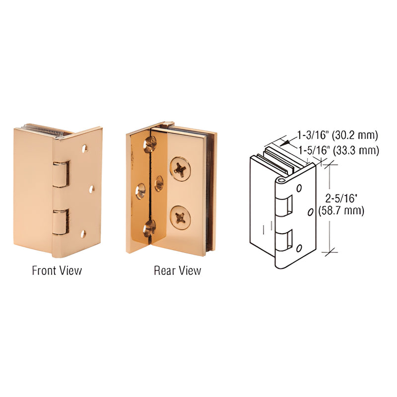 Polished brass wall-to-glass hinge EH244, front and rear views with dimensions - for 6-8mm tempered glass