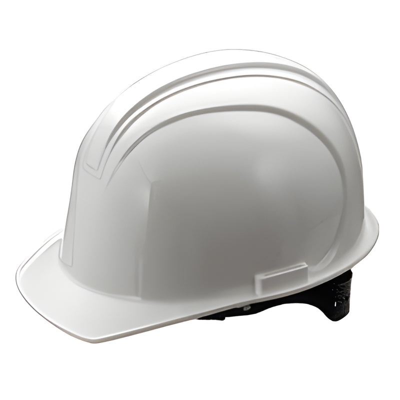 White HDPE safety hard hat (ES3442) with rain-trough brim and four-point suspension.