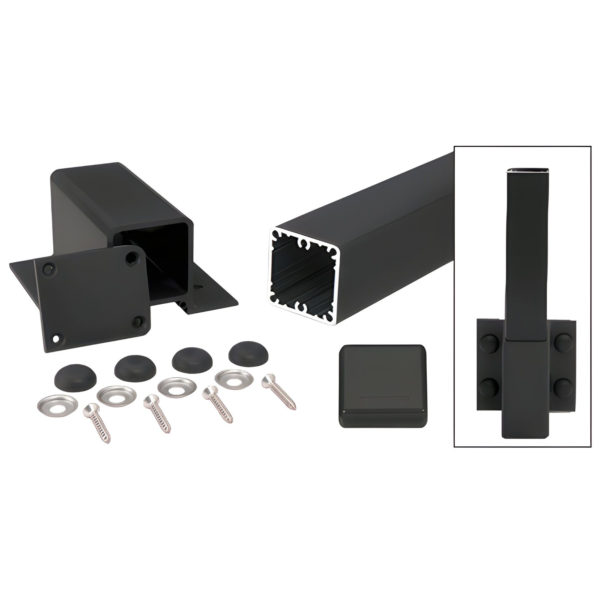 36-inch matte black aluminum square fascia post kit with bracket, base plate, cap, screws & bolt covers (SKU: 1FP36KBL)