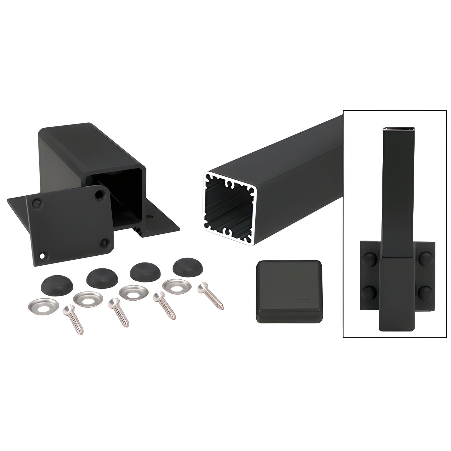 Matte black 42" aluminum square fascia post kit (SKU 1FP42KBL) with fascia bracket, base plate, cap, screws and covers.