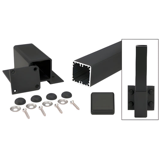Matte black 42" aluminum square fascia post kit (SKU 1FP42KBL) with fascia bracket, base plate, cap, screws and covers.
