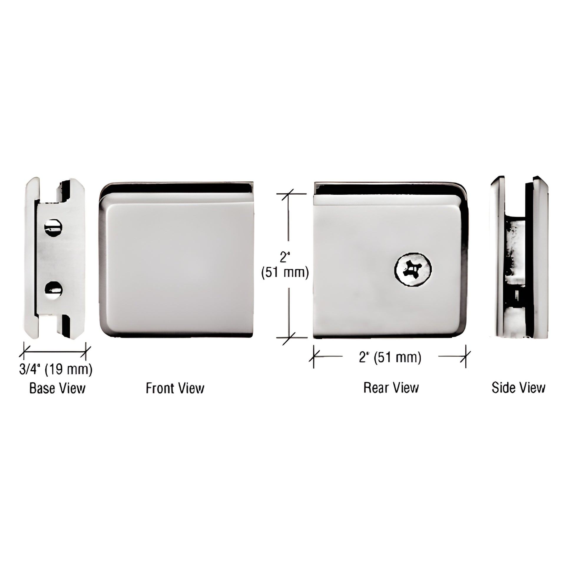 Beveled wall-mount shower glass clamp, brushed nickel brass, 2" square, for 3/8-1/2" (10-12mm) glass - SKU BGCU1SN.