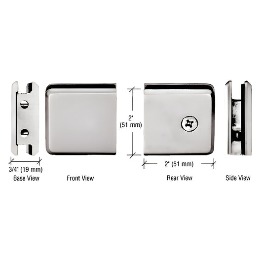 Beveled wall-mount shower glass clamp, brushed nickel brass, 2" square, for 3/8-1/2" (10-12mm) glass - SKU BGCU1SN.