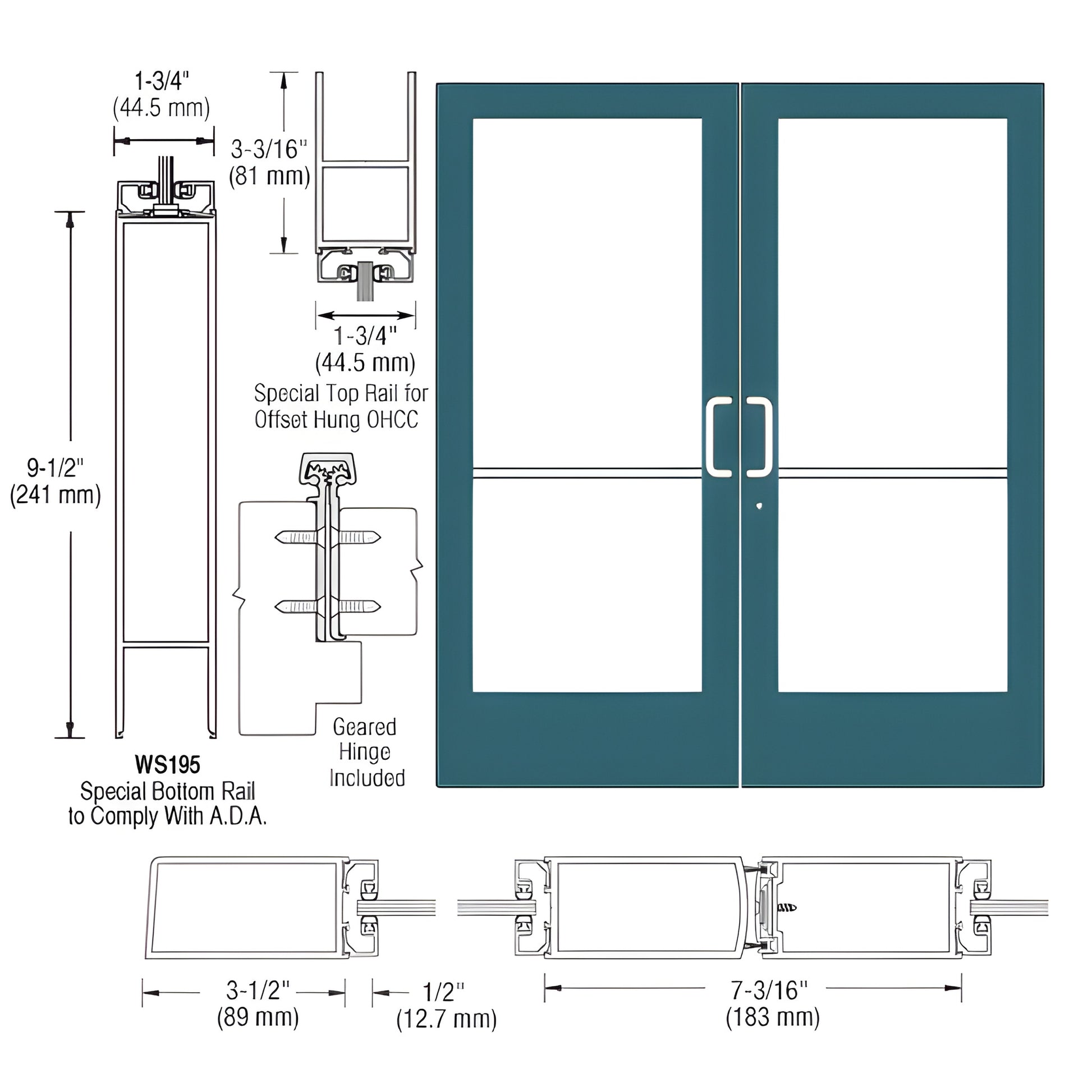 Double commercial medium-stile glass entrance doors in teal frame, ADA bottom rail, geared hinge, SKU DE42971