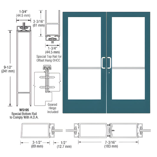 Double commercial medium-stile glass entrance doors in teal frame, ADA bottom rail, geared hinge, SKU DE42971