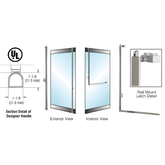 Brushed stainless 1-1/4" D-shape PA100 panic handle for tempered glass doors, exterior keyed, ADA-compliant (SKU 3DP100F4RKBS