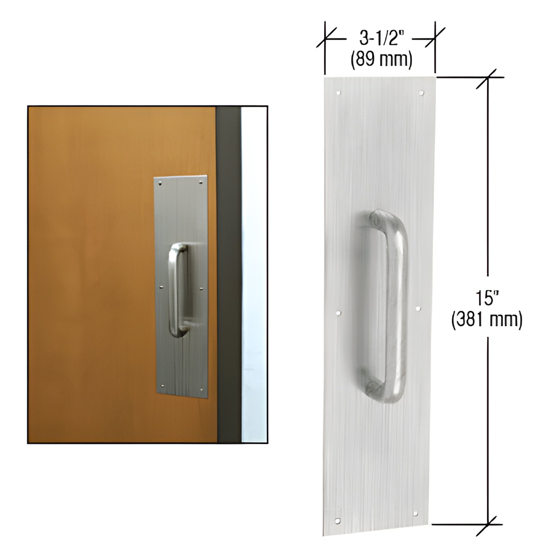 M6732D stainless steel 3/4" solid pull handle on 3-1/2" x 15" back plate, commercial door pull