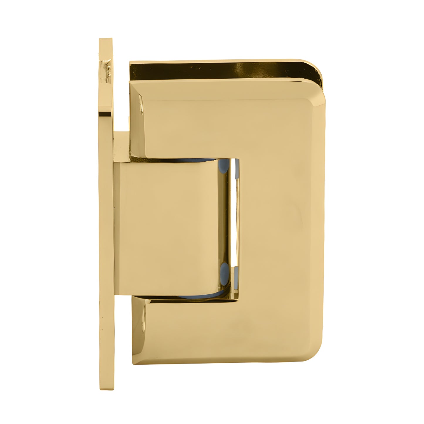 P1N337BR polished brass adjustable Pinnacle shower hinge for 5/16-1/2" (8-12mm) glass, wall-mount H back plate.