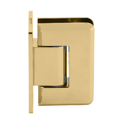 P1N337BR polished brass adjustable Pinnacle shower hinge for 5/16-1/2" (8-12mm) glass, wall-mount H back plate.