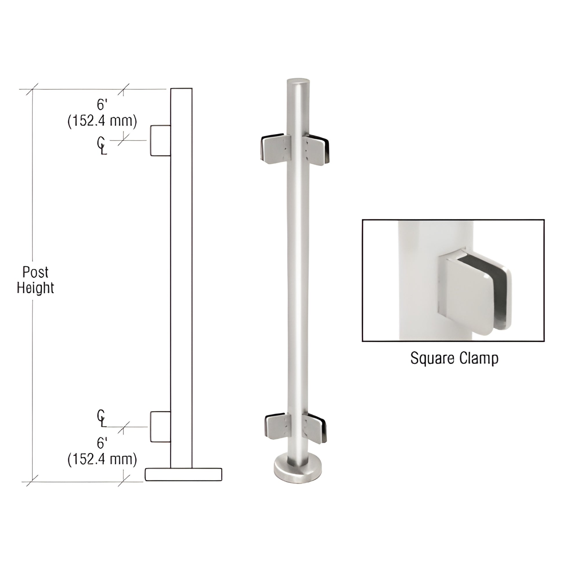PS42APS stainless steel 1.9 in round glass-clamp post kit with square Z-clamps, base plate and cover, for 1/2 in tempered gla