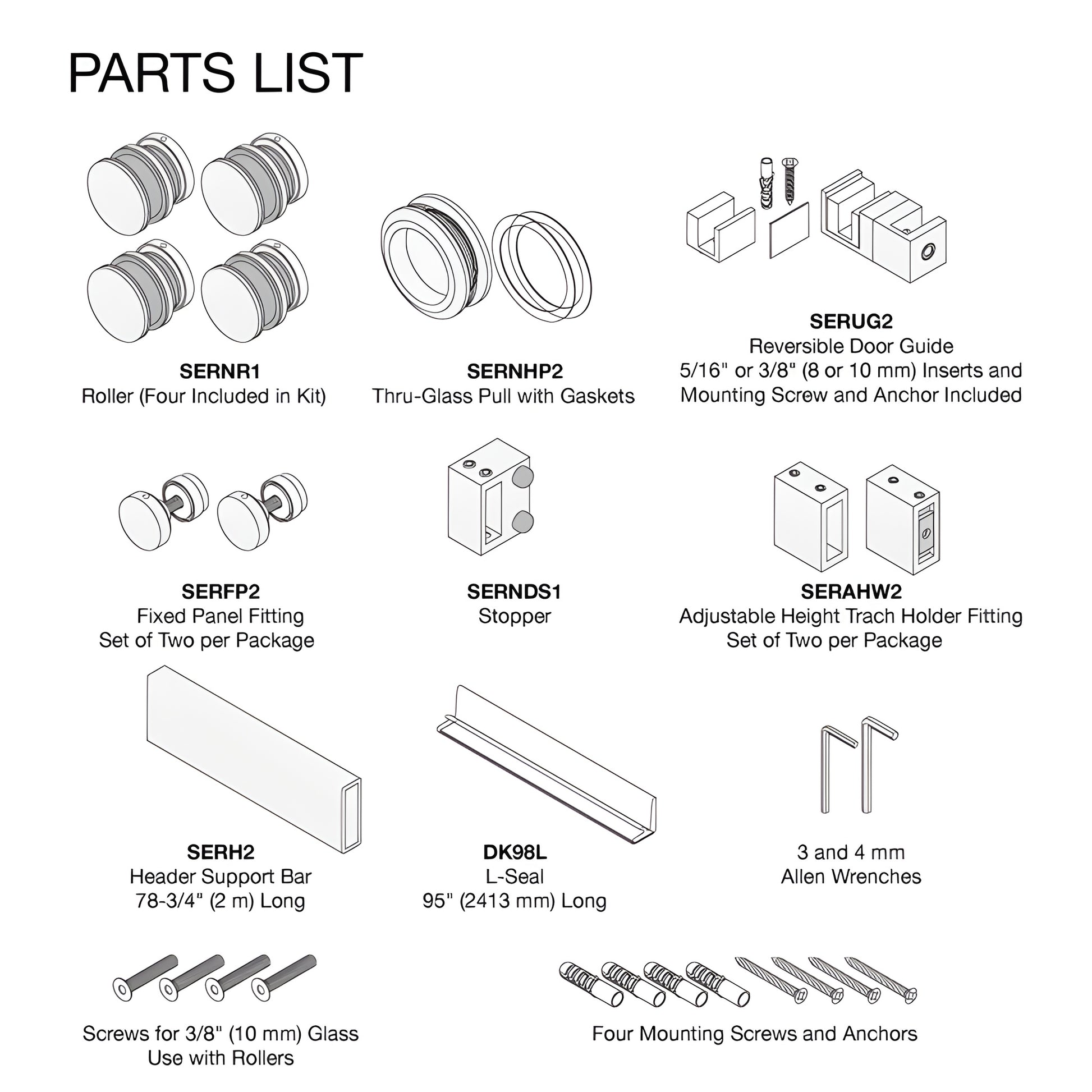 SER78SB satin brass frameless sliding shower system with squared header and rollers over clear glass, 78-3/4 in.