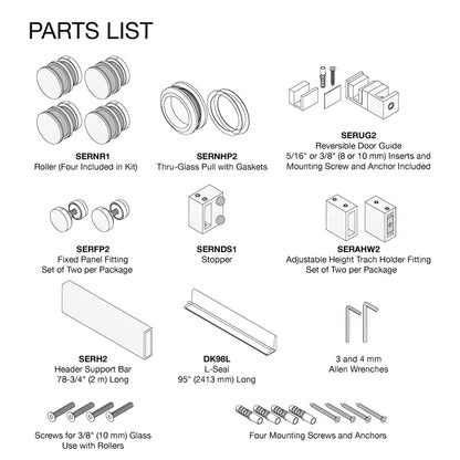 SER78SB satin brass frameless sliding shower system with squared header and rollers over clear glass, 78-3/4 in.