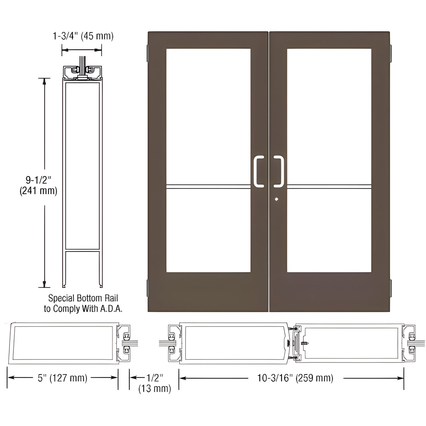 DE52522 double commercial door, black bronze, 5" stiles, ADA 9-1/2" bottom rail, glass panels, pulls