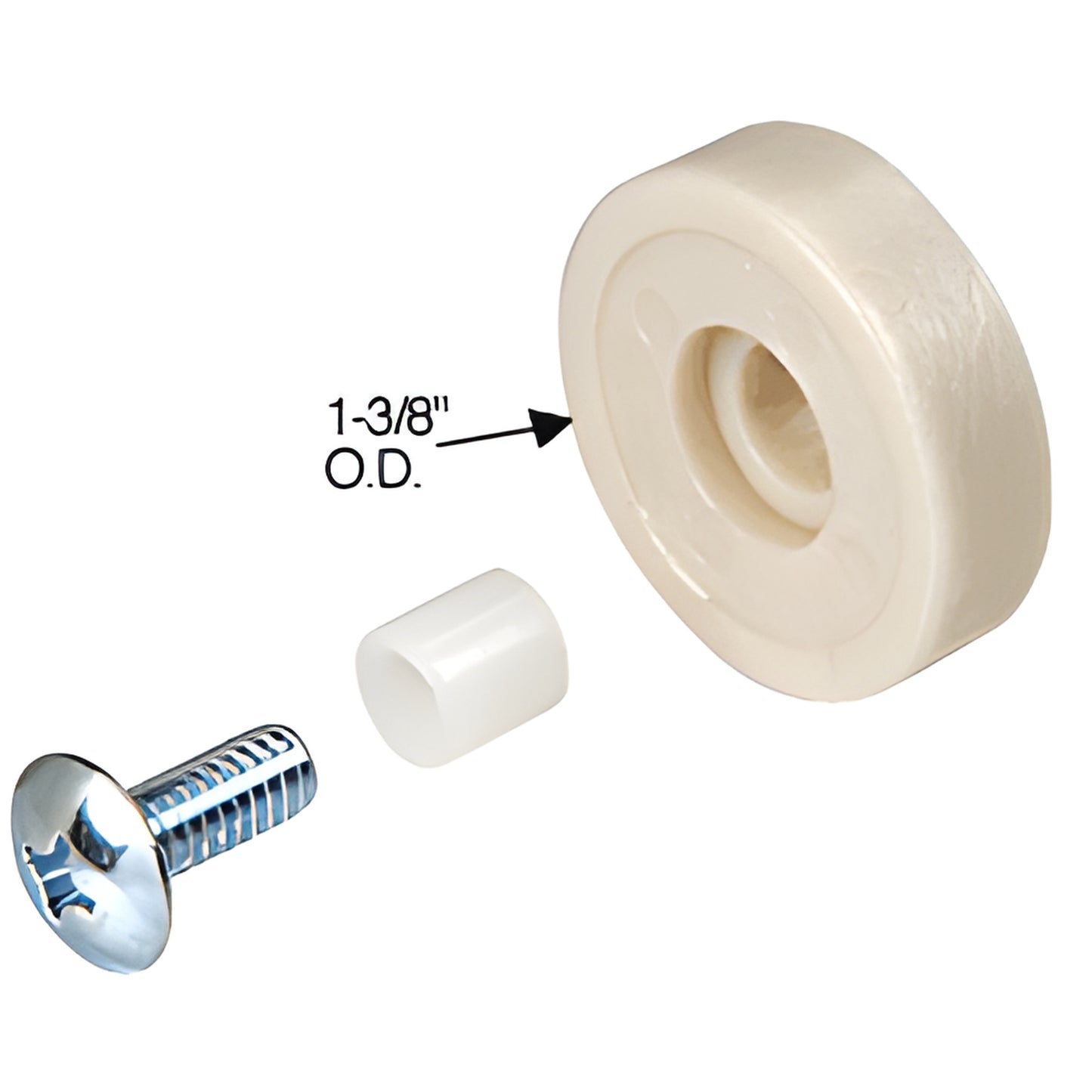 RVW112 CRL nylon replacement wheel 1-3/8" OD with plastic bushing and mounting screw, off-white vinyl roller.