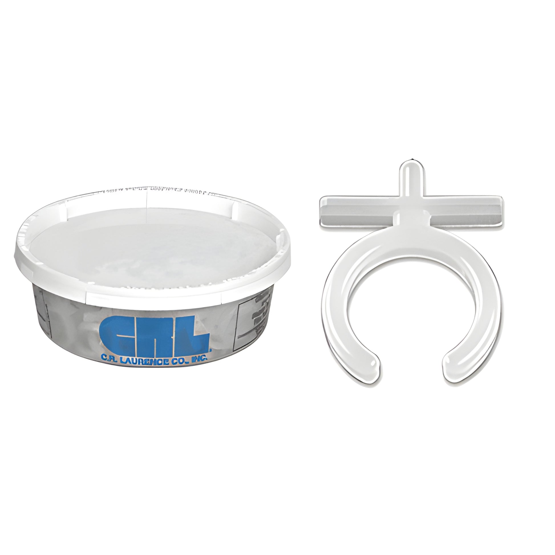 CRL AM06 flexible white nylon muntin locator ring with T tab shown beside round white storage tub