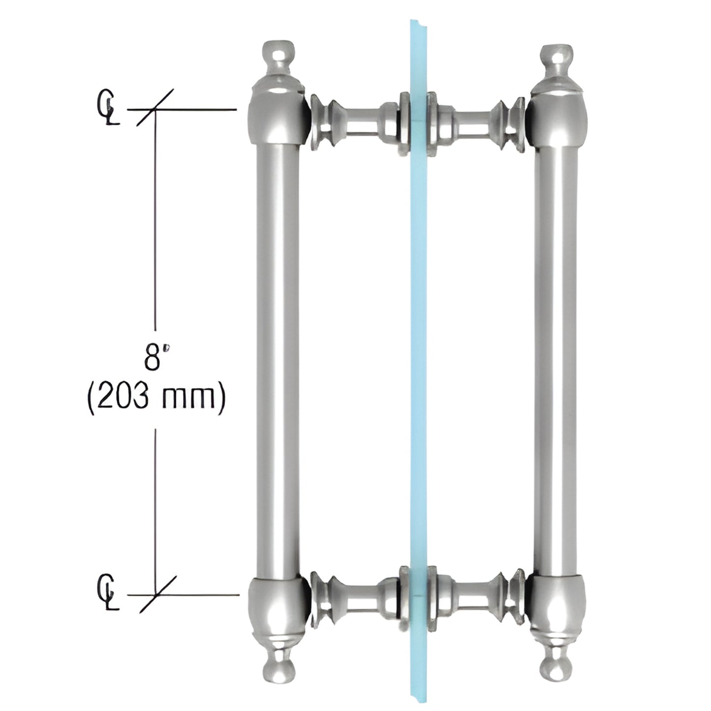 Polished chrome Colonial back-to-back brass pull handle on glass, 3/4" tube, 8" center, fits 1/4-1/2" tempered glass.
