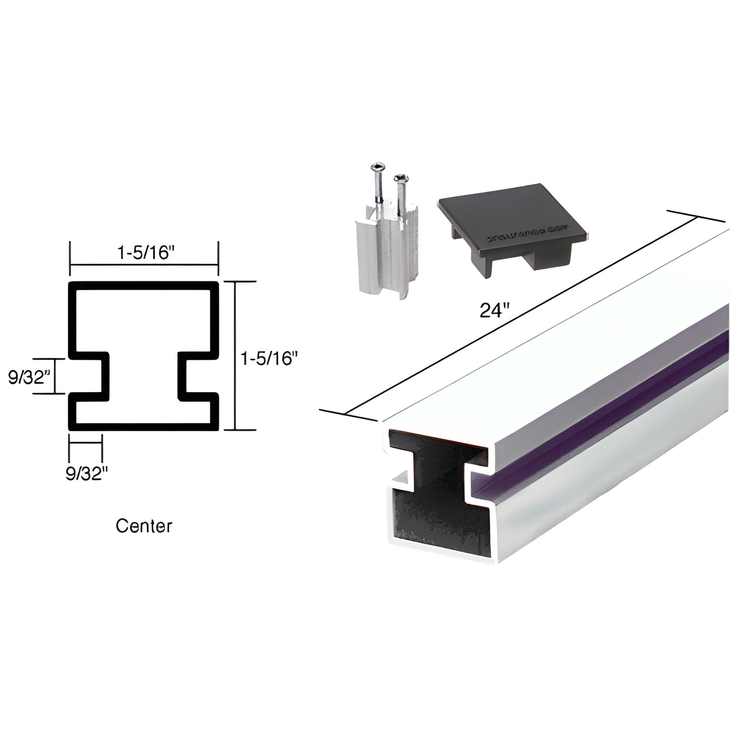CRL Sculptured aluminum center post 24 in, bright anodized, 1-5/16" square, pocket for 1/4" glass; includes top cap and base.