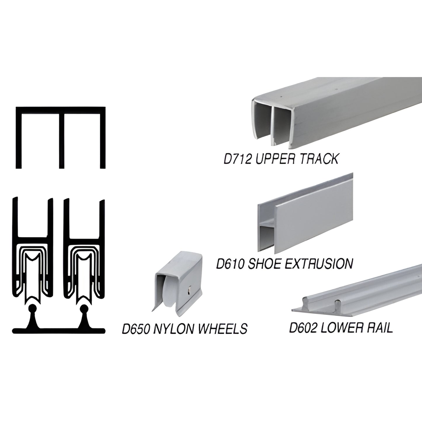 D2200A rolling track assembly: satin anodized aluminum upper/lower rails, nylon wheels and shoe for 1/4" (6mm) glass.