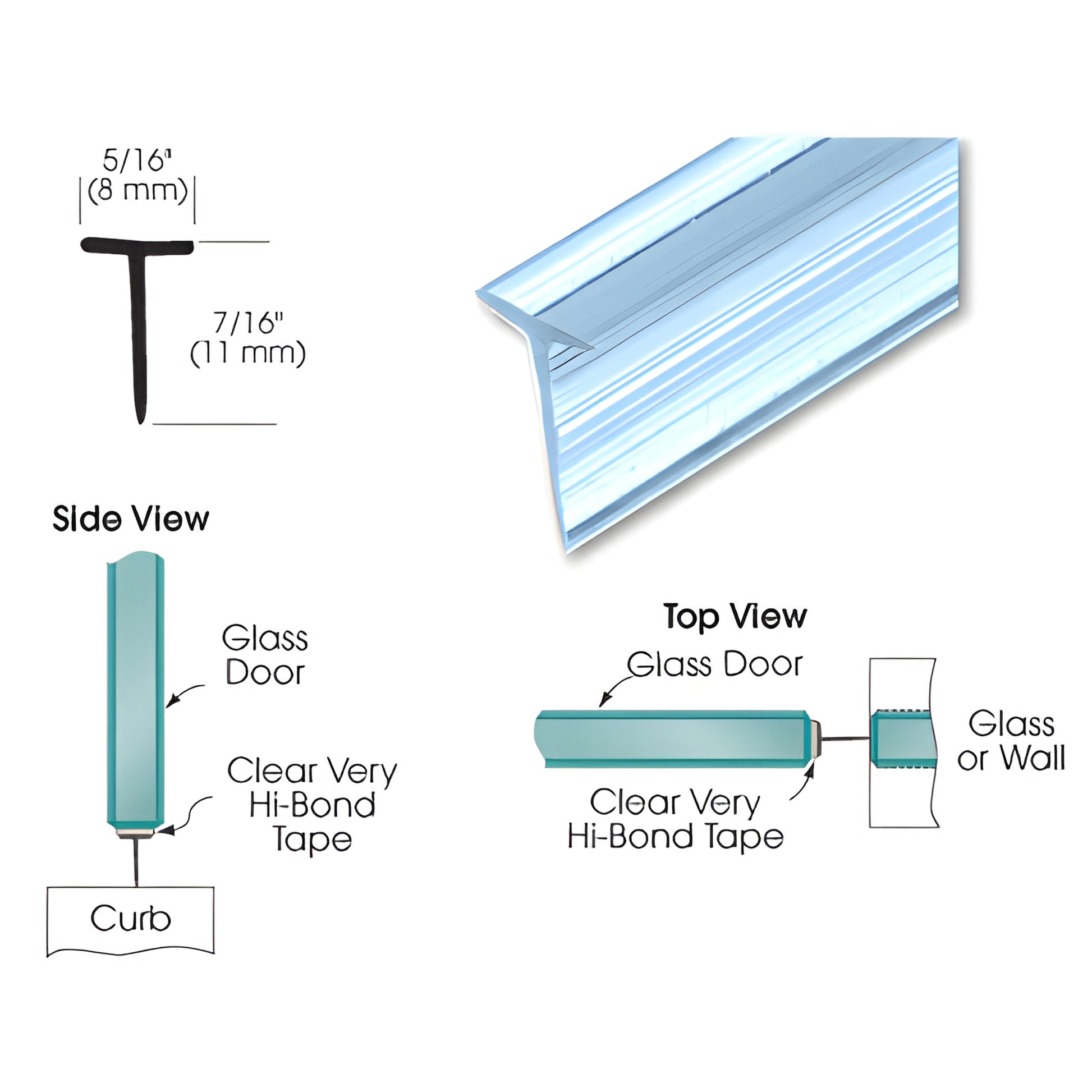 CRL SDTWT2 clear polycarbonate T wipe with pre applied Hi Bond tape for frameless glass doors, 95" length, 7/16" gap