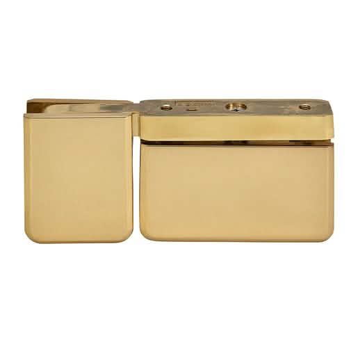 Satin Brass Prima Pivot Hinge with U-Clamp: Durable top/bottom mount for glass doors.