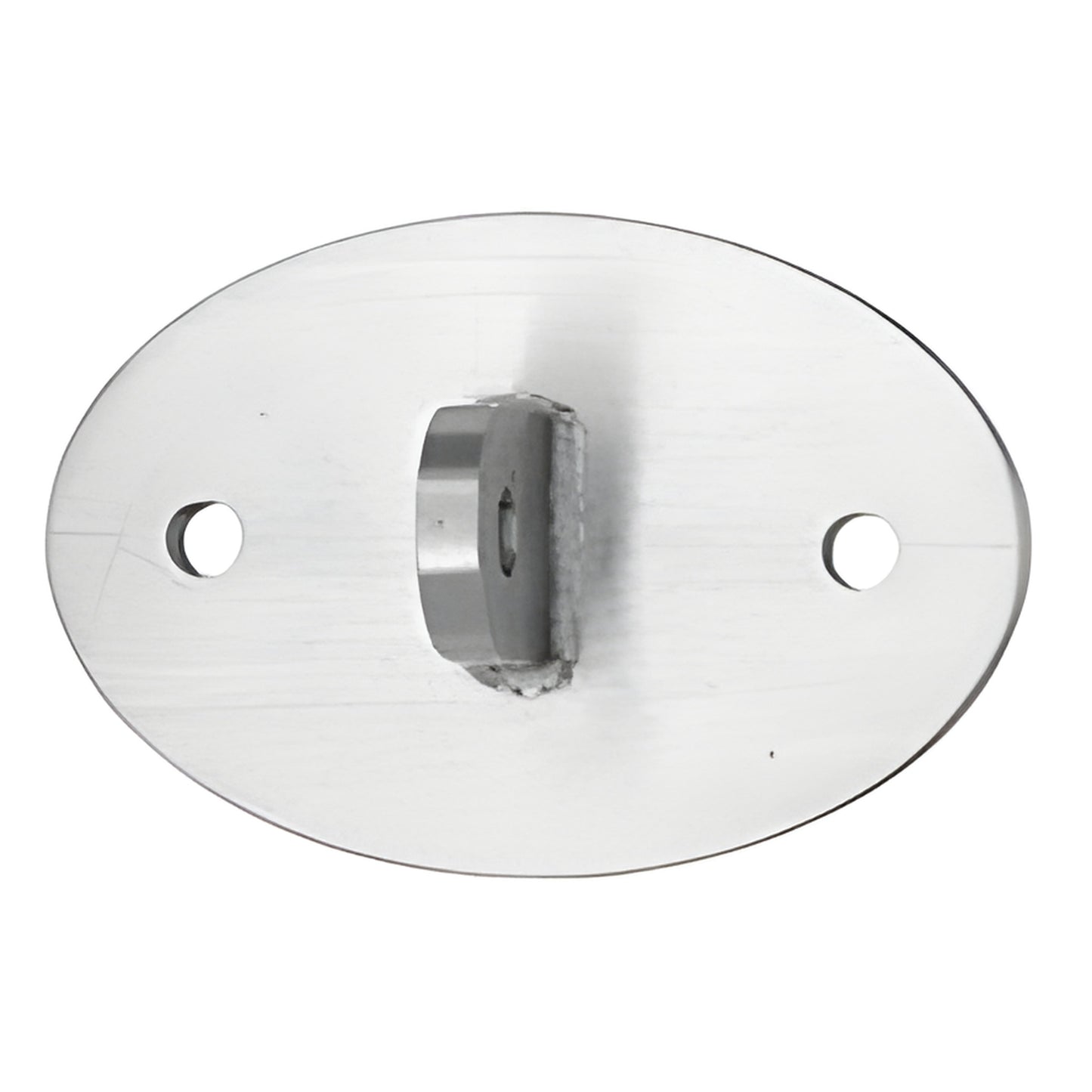 Oval brushed 316 stainless steel glass awning mounting plate with center clamp bracket and two screw holes.