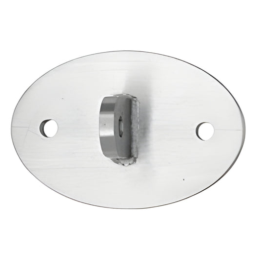 Oval brushed 316 stainless steel glass awning mounting plate with center clamp bracket and two screw holes.