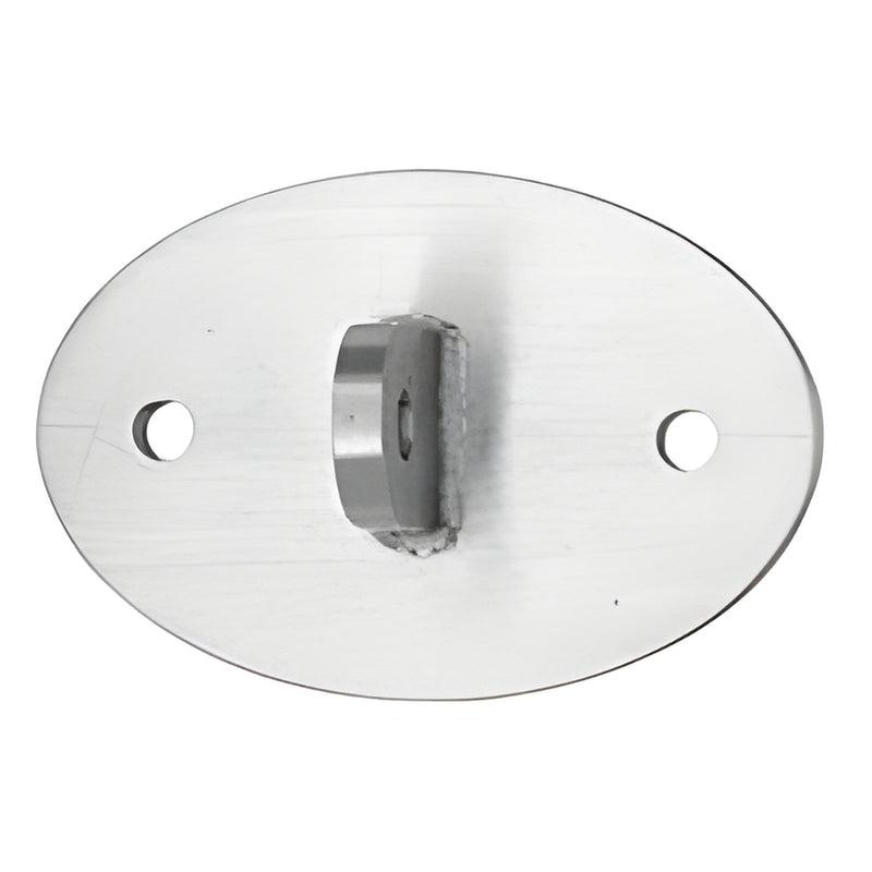 Oval brushed 316 stainless steel glass awning mounting plate with center welded bracket and two screw holes - SKU AW90VMBS