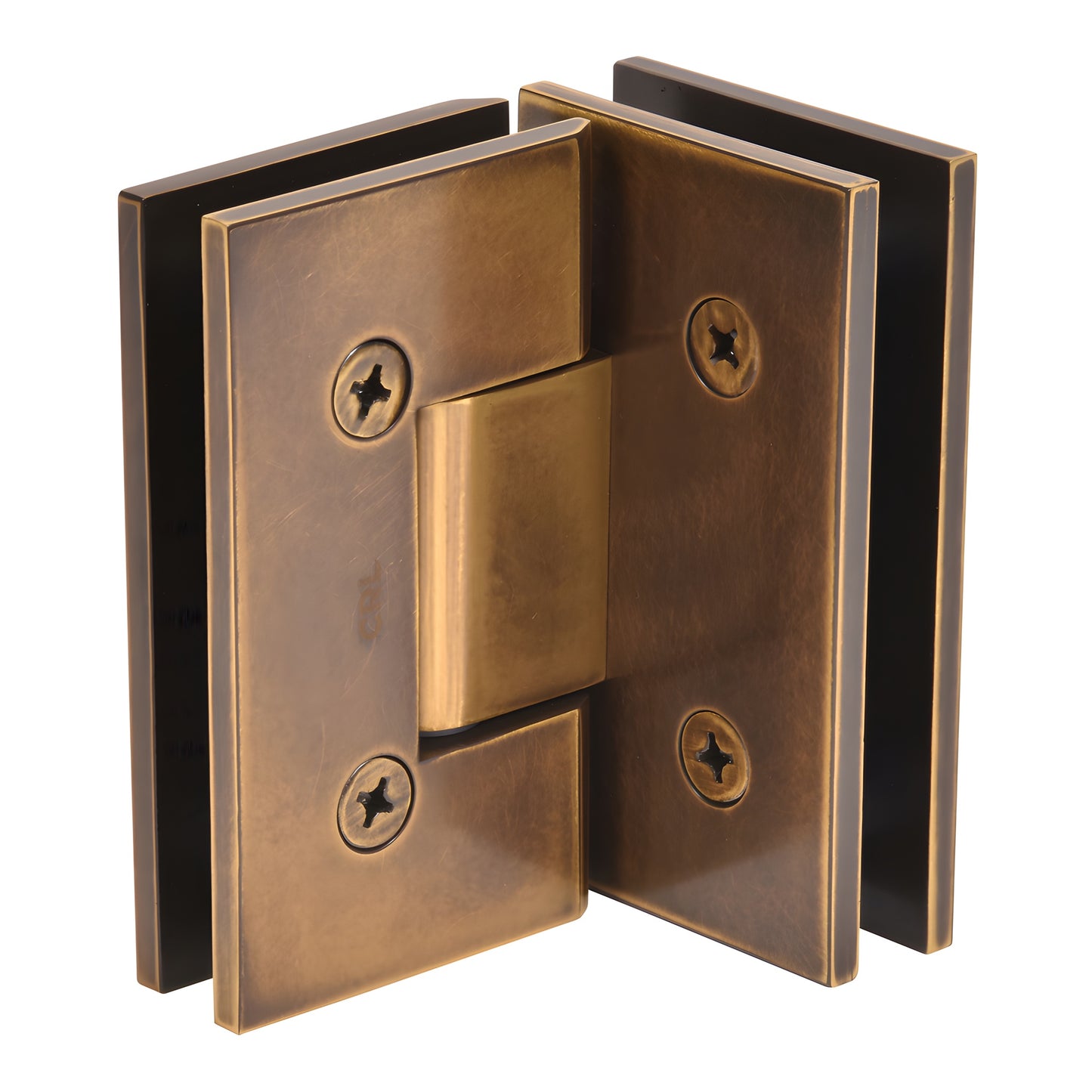 Vienna square-profile glass-to-glass shower hinge in vintage brass, SKU V1E092VBR