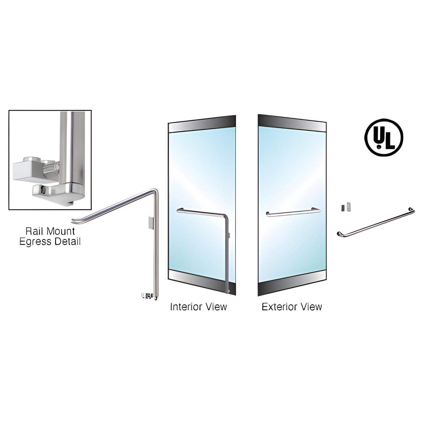 Brushed stainless steel EG110 rail-mount electronic egress handle for 1/2" glass doors, 1-1/4" diameter, right-hand reverse.