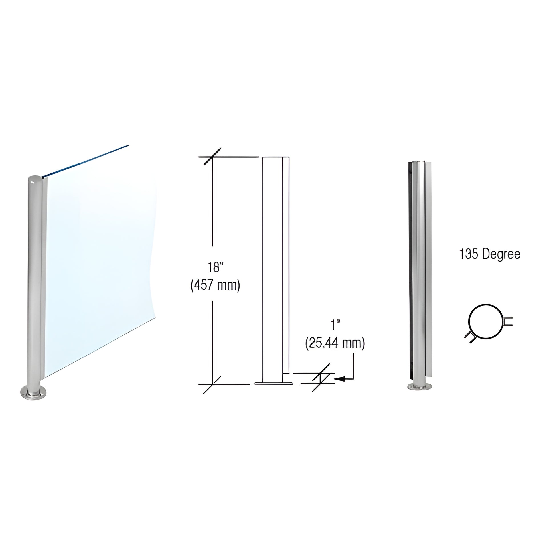 SBPP08ABS 18" brushed stainless 135 round partition post with U channel for 1/4" glass, flat cap