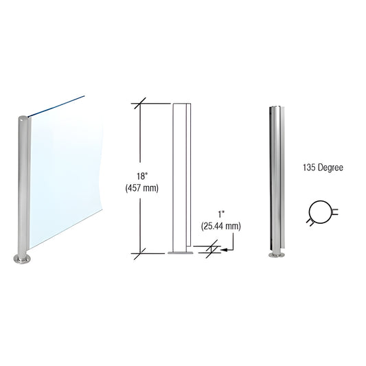SBPP08ABS 18" brushed stainless 135 round partition post with U channel for 1/4" glass, flat cap