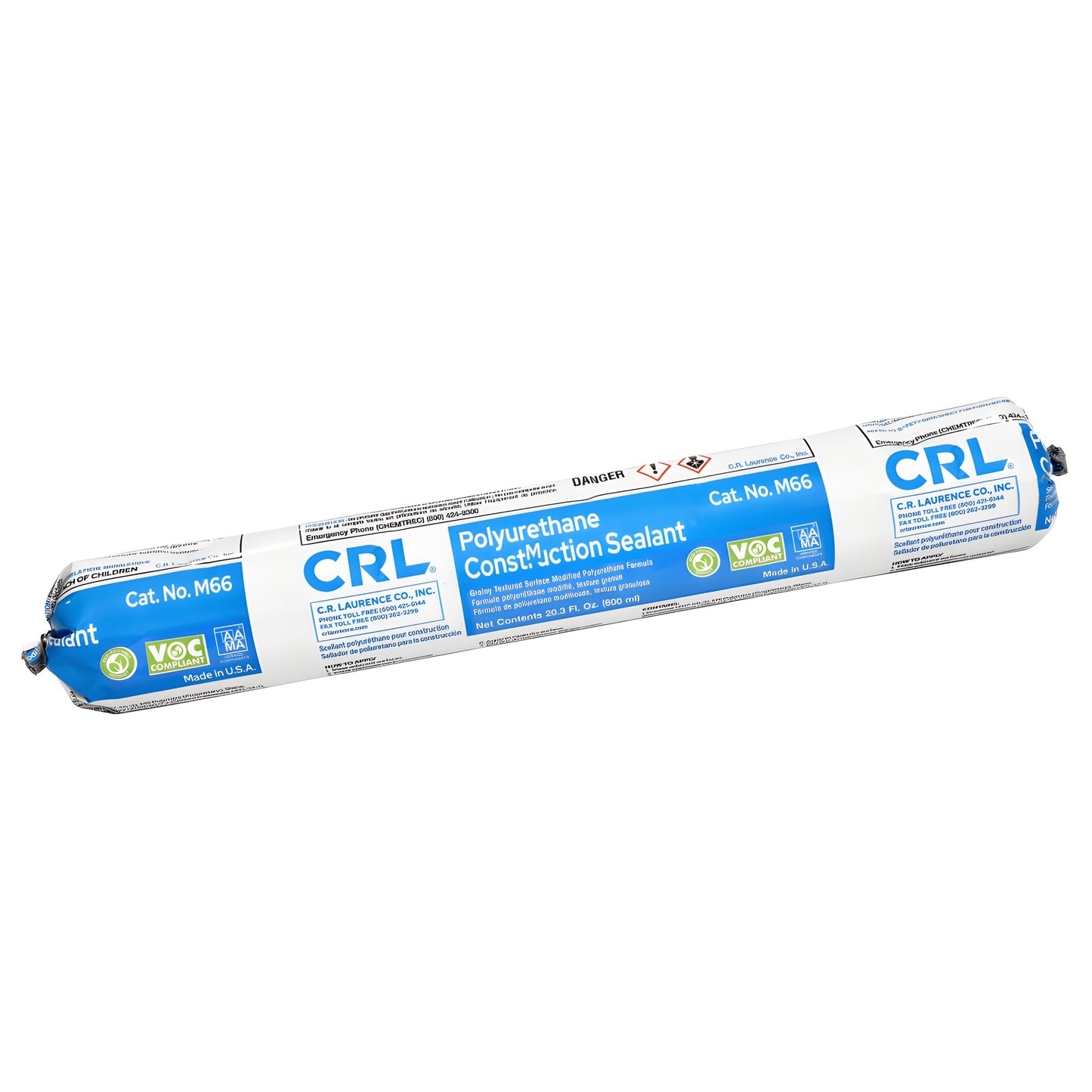 CRL M66 white polyurethane construction sealant sausage cartridge, 20.3 oz (600 ml), VOC compliant, labeled Cat. No. M66