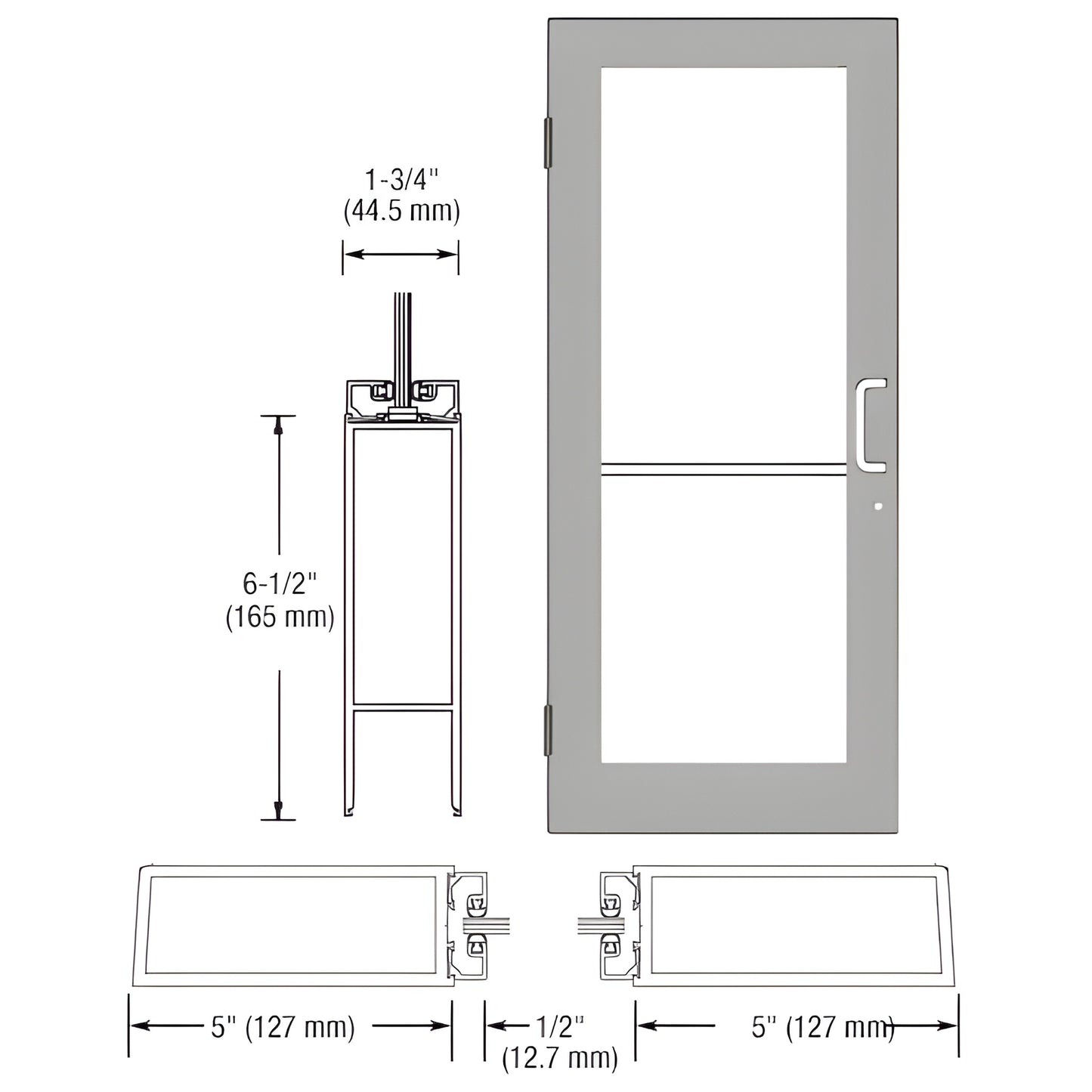 Clear anodized aluminum single glass door 36x84 with push-pull handle, right latch, butt hinges (SKU DC51511R036)