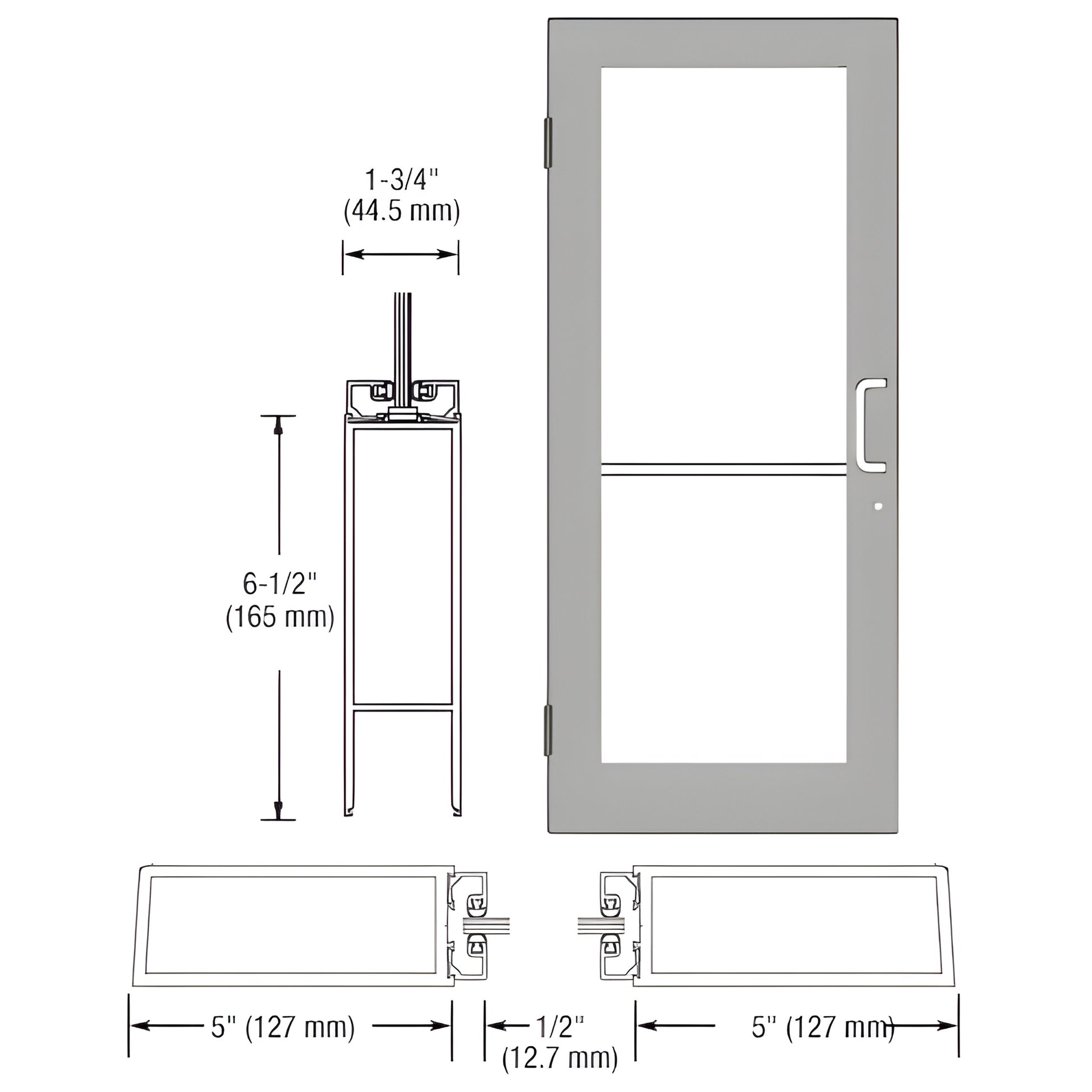 Clear anodized aluminum single glass door 36x84 with push-pull handle, right latch, butt hinges (SKU DC51511R036)