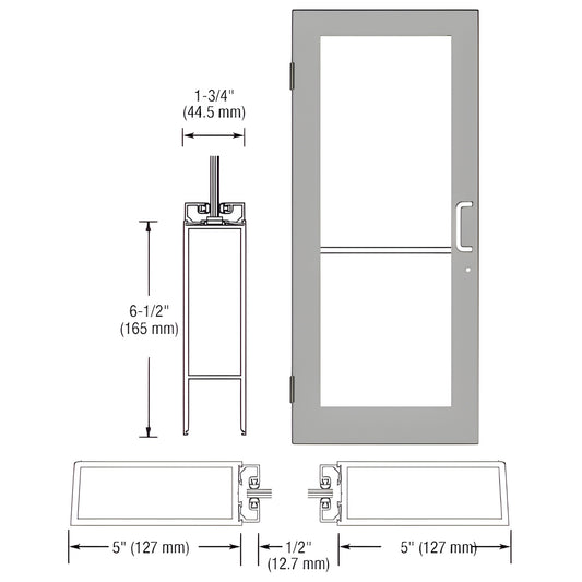 Clear anodized aluminum single glass door 36x84 with push-pull handle, right latch, butt hinges (SKU DC51511R036)