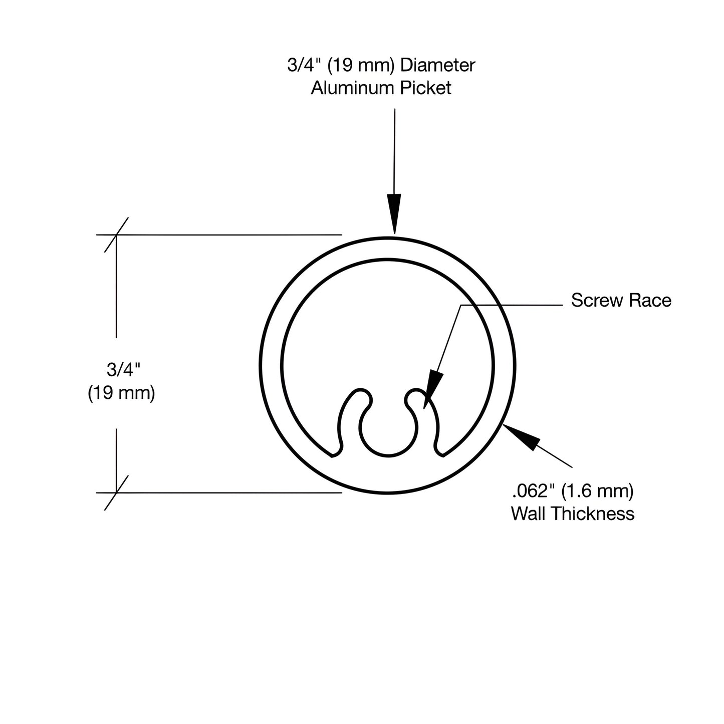 PKTR241W sky white 3/4" aluminum round picket extrusion, hollow tube with internal picket slot, 241 in.