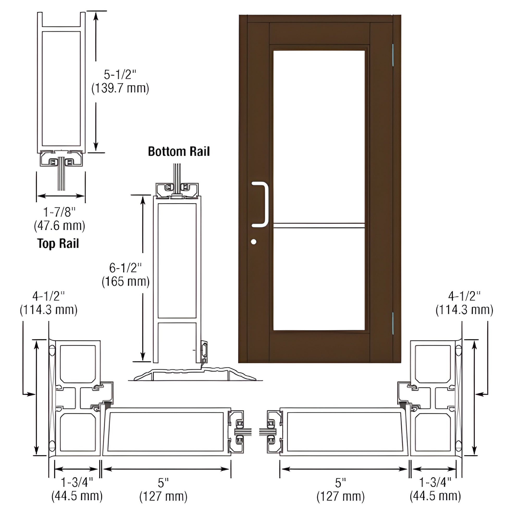 DC91522 Durafront WS commercial door, Black Bronze Anodized, 5" stiles, glass lite, push/pull hardware