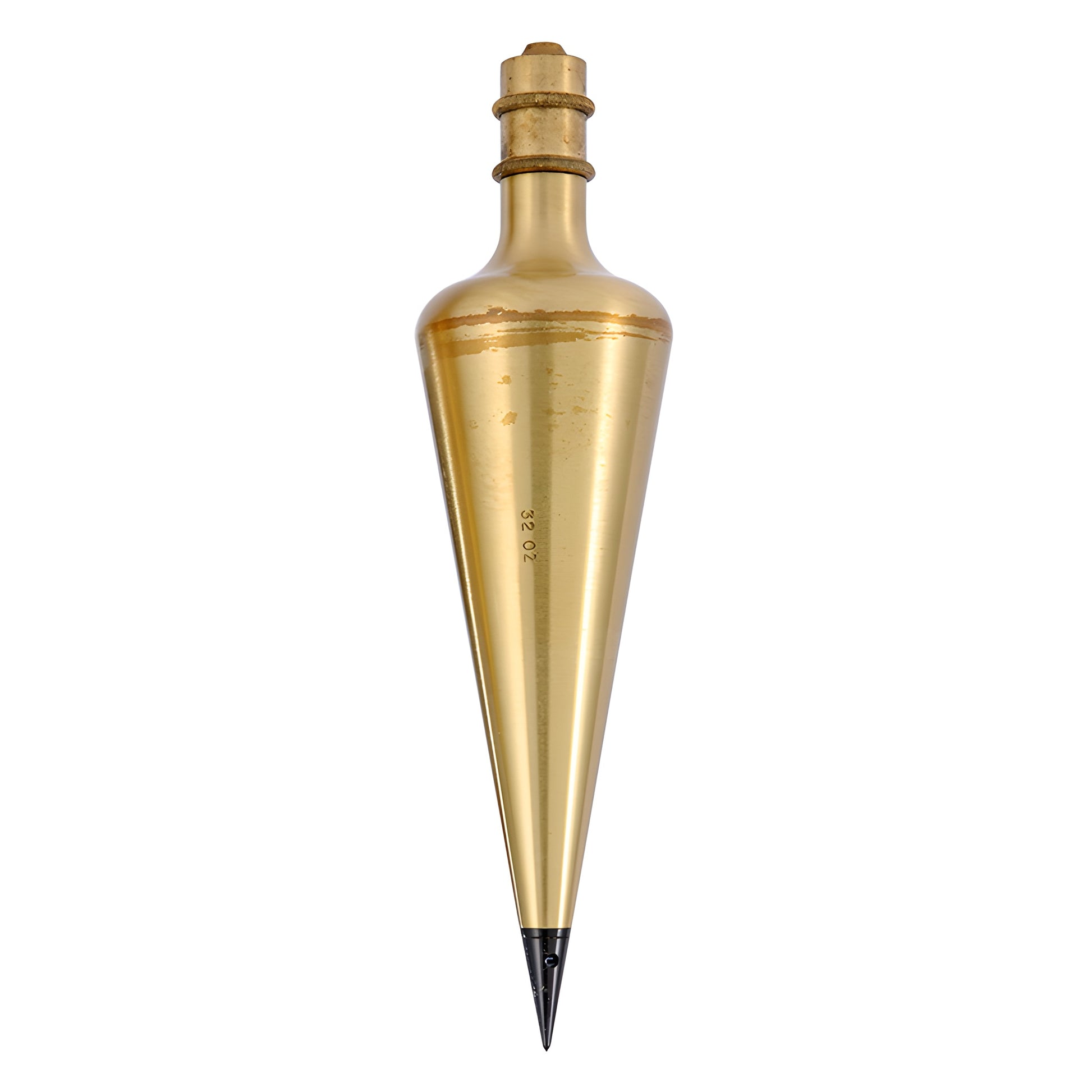 Brass plumb bob with lacquered finish, self-centering cord cap and hardened steel point, 7-1/2 in (SKU 80032)