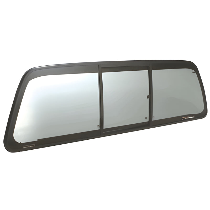CRL Tri Vent bonded rear truck slider for 2008-2019 Ford Super Duty, solar privacy glass, black powder coated frame.