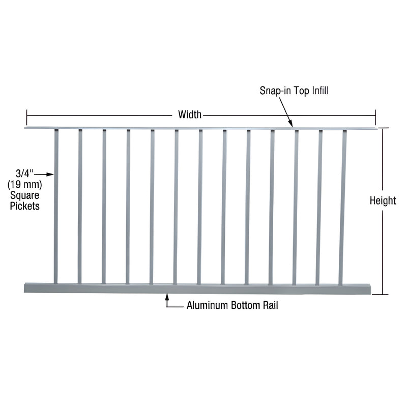 Aluminum mill-finish preassembled picket panel SKU P6048M - 13 square pickets, snap-in top infill, 65-5/8" 45-1/8" (fits 60 4