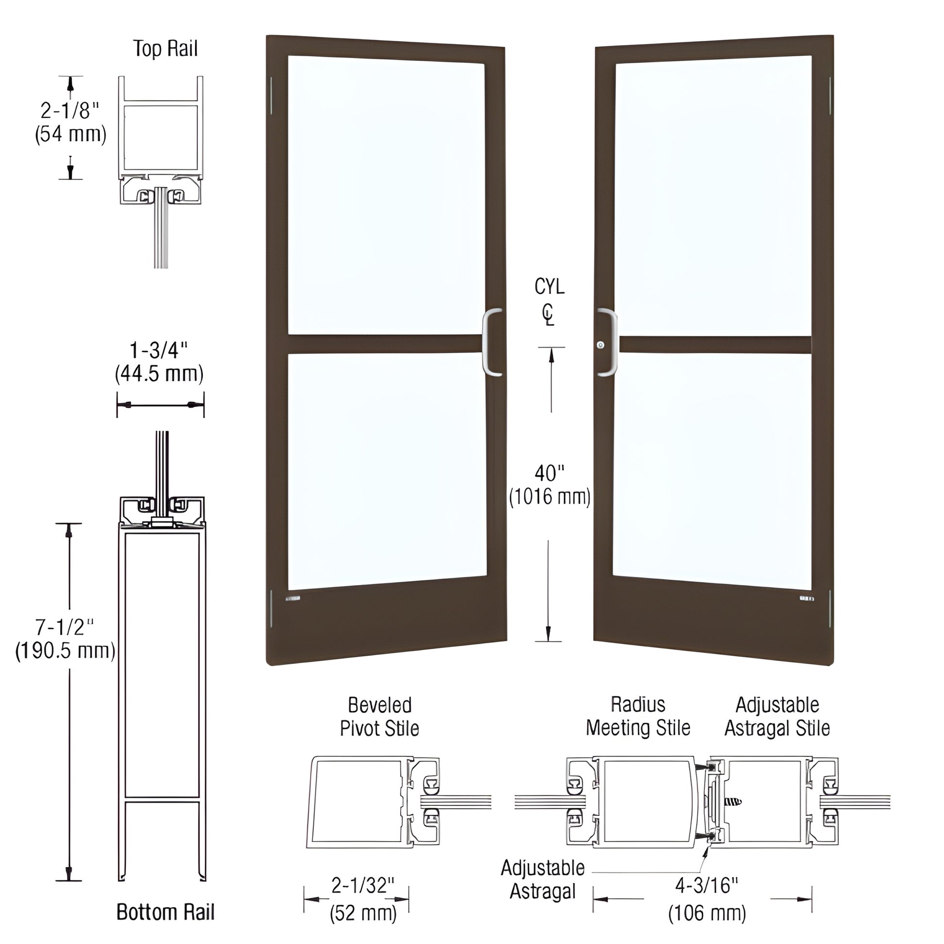 HZ22522 black bronze anodized narrow-stile glass entrance door pair, 2" stiles, 2-1/8" top rail, 7-1/2" bottom rail, hardware