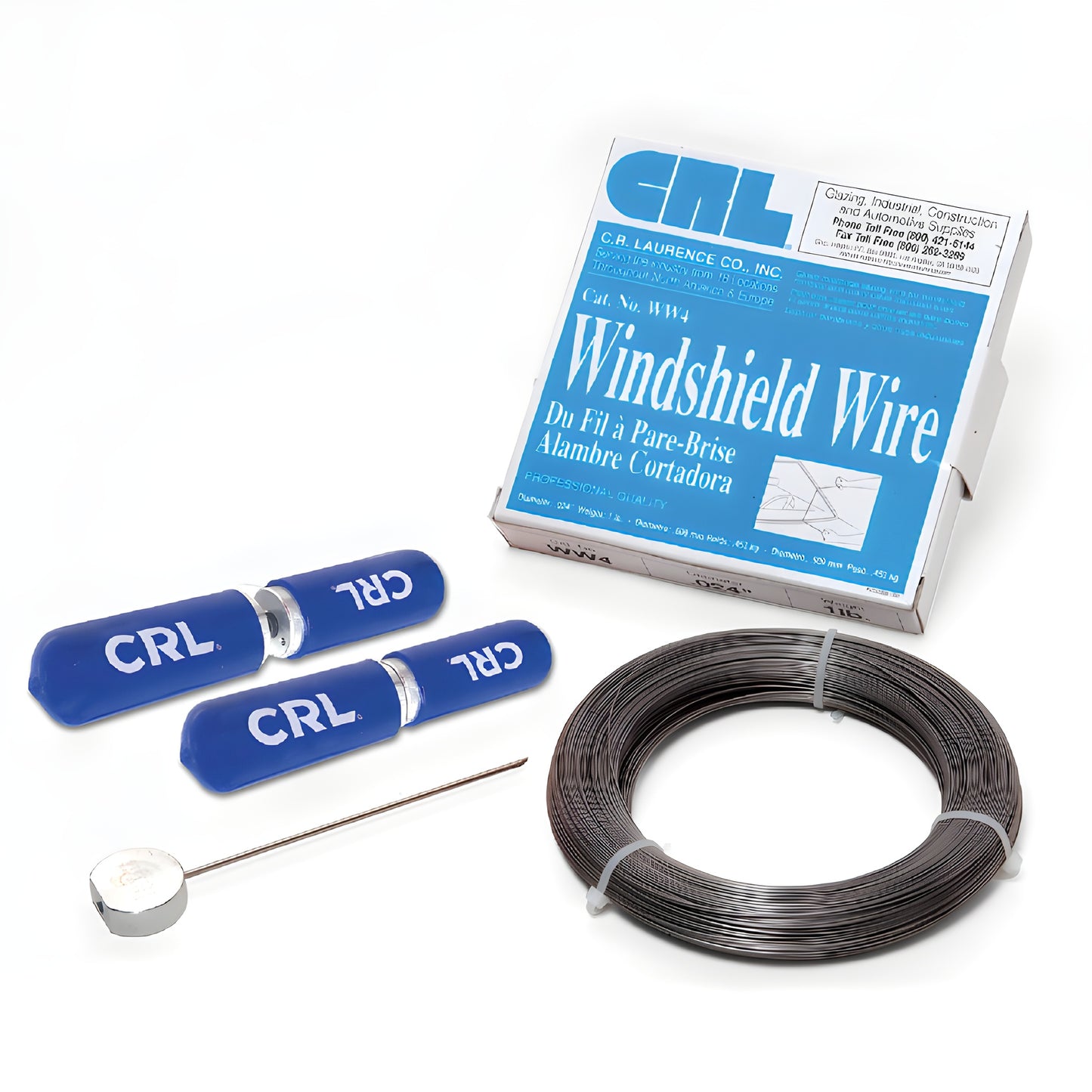 CRL Windshield Removal Kit S21400 - coil of windshield wire, three blue Tightwire grips, WireStarter pin and box.